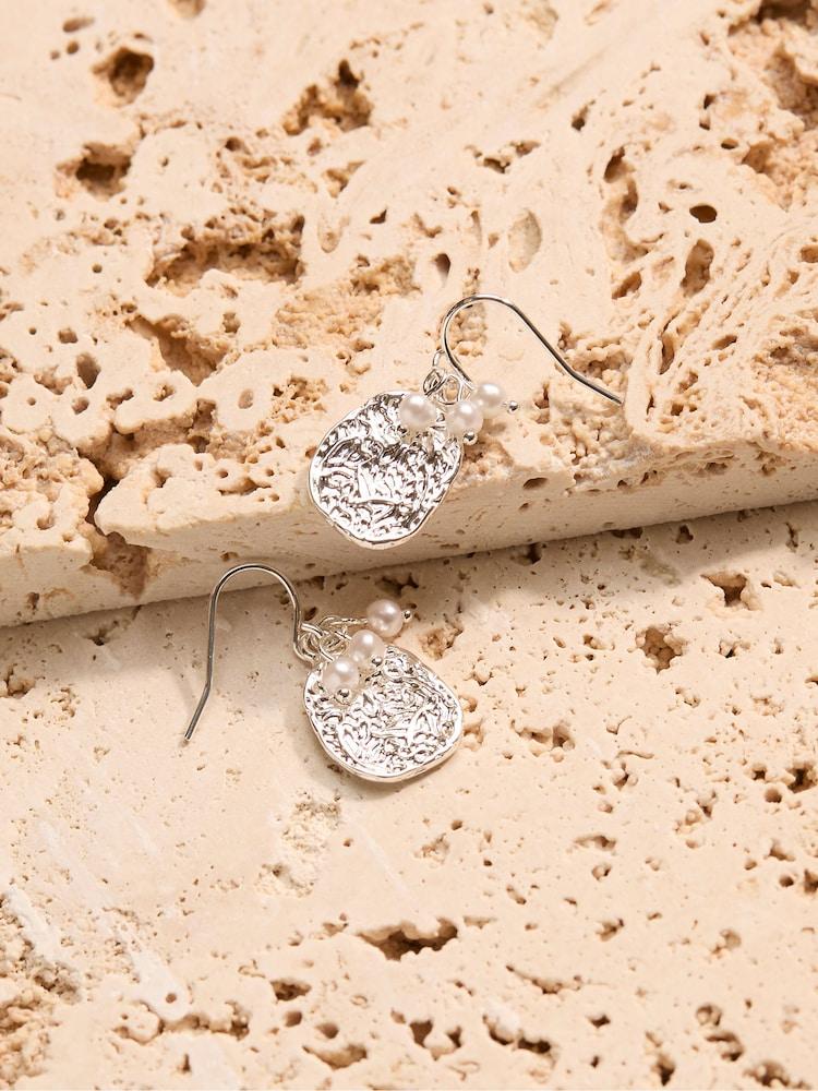 fat face Silver Tone Hammered Pearl Drop Earrings