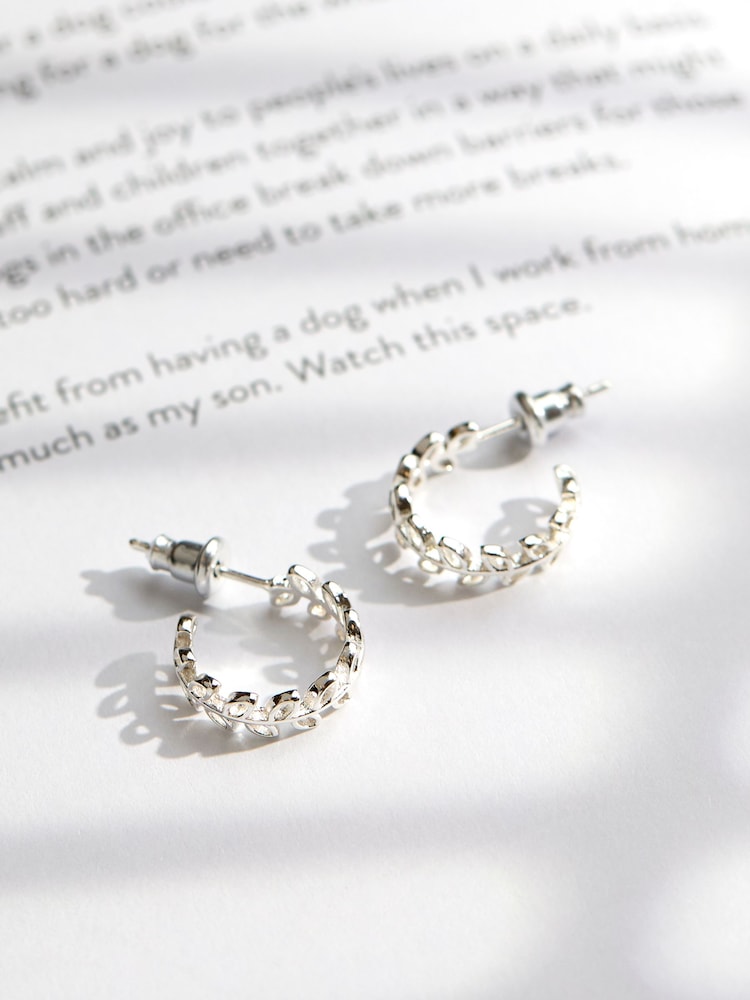 Fat Face Silver Tone Leaf Huggie Earrings