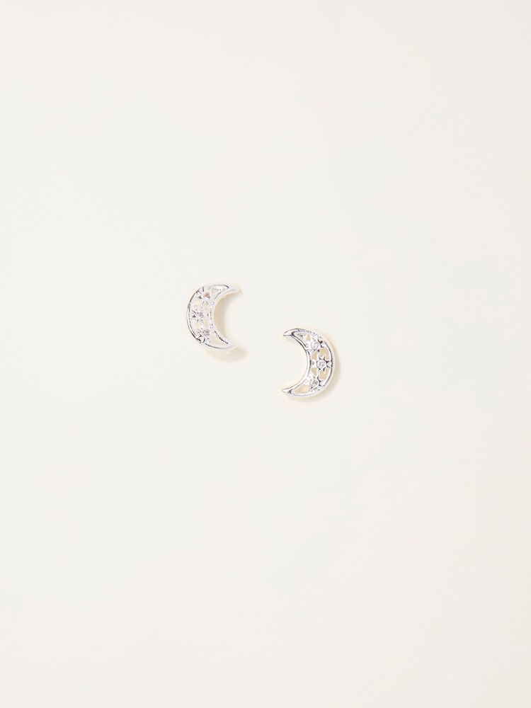 Fat Face Silver Tone Moon Stud Earrings