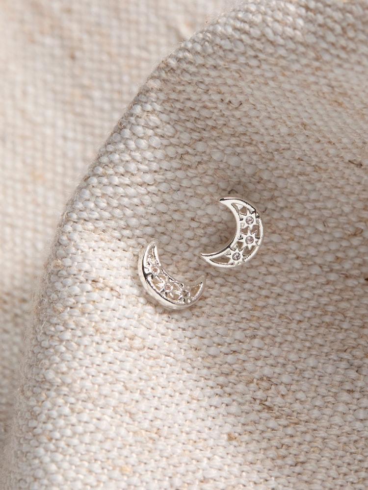 fat face Silver Tone Moon Stud Earrings