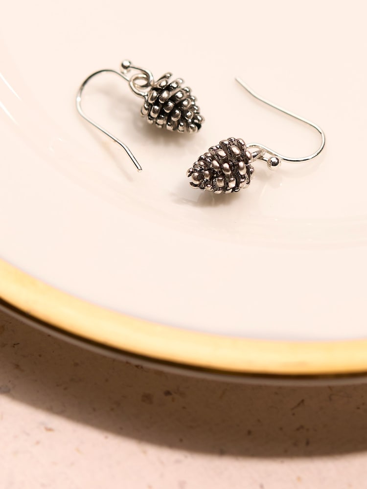 Fat Face Silver Tone Pinecone Drop Earrings