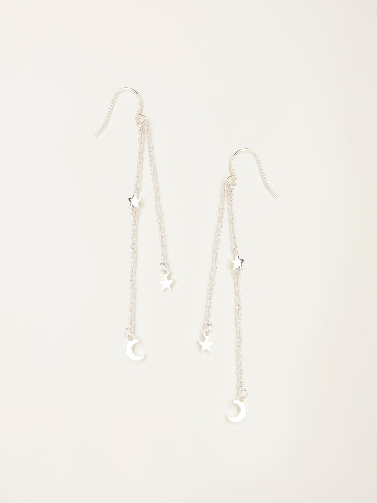 Fat Face Silver Tone Star And Moon Chain Earrings