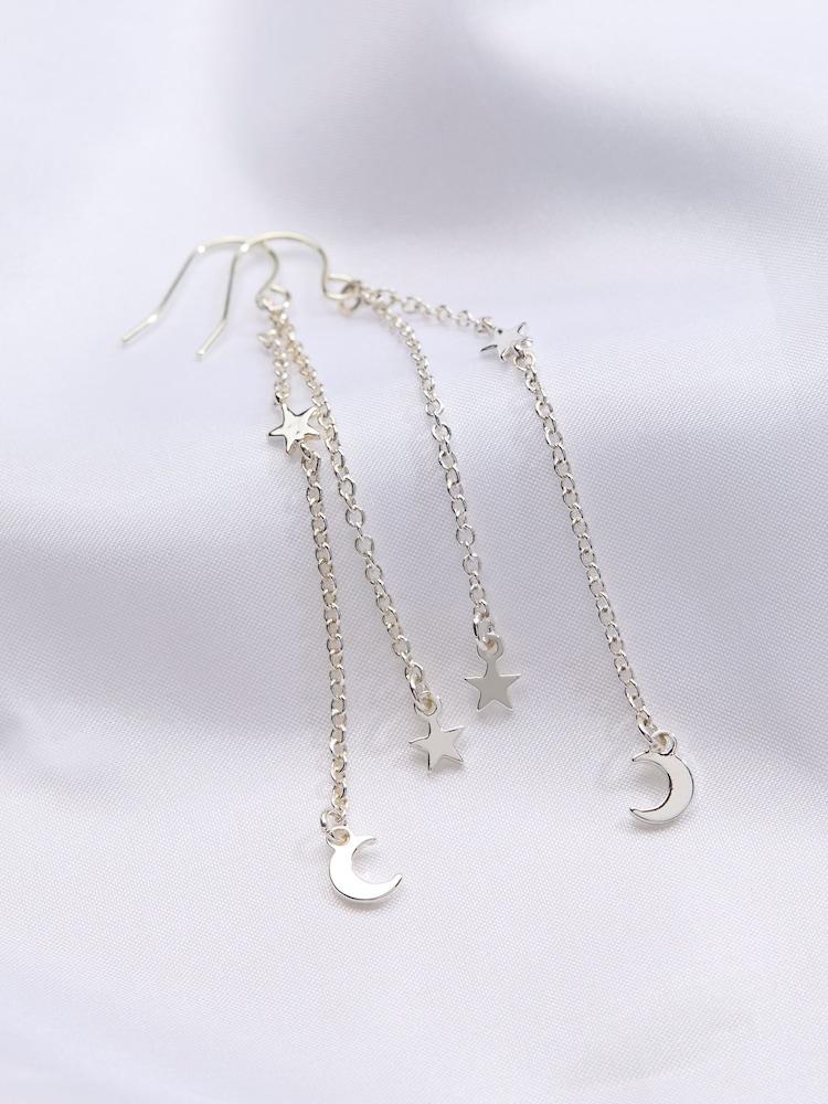 fat face Silver Tone Star and Moon Chain Earrings