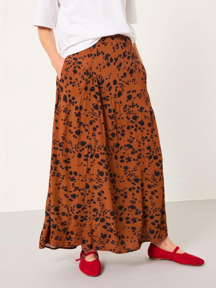 Fat Face Skye Tan Brown Animal Spot Midi Skirt