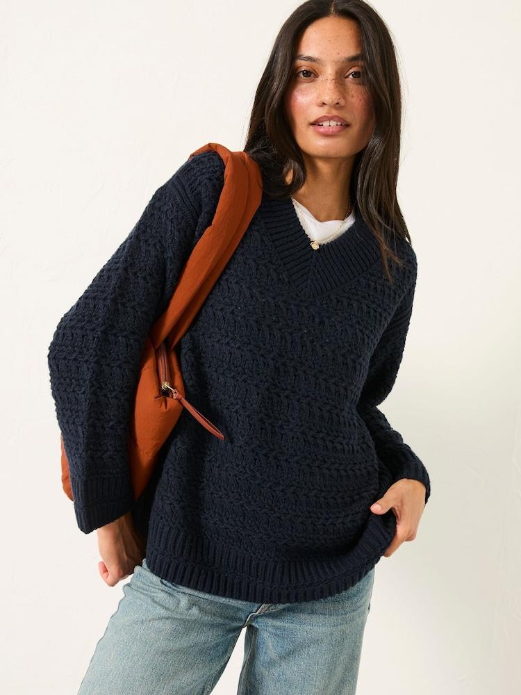 Fat Face Stella Dark Navy V Neck Knitted Jumper