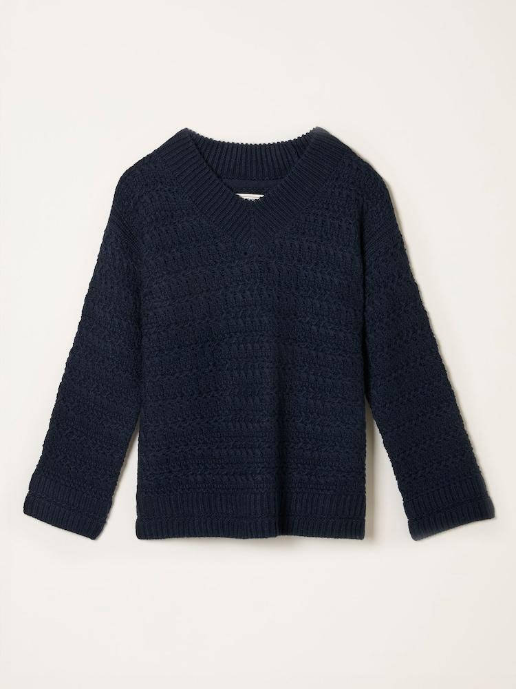 fat face Stella Dark Navy V Neck Knitted Jumper