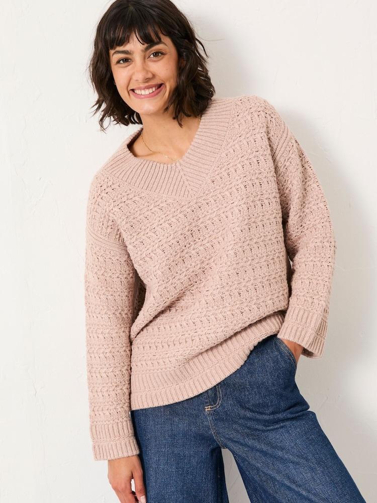 Fat Face Stella Natural V Neck Knitted Jumper