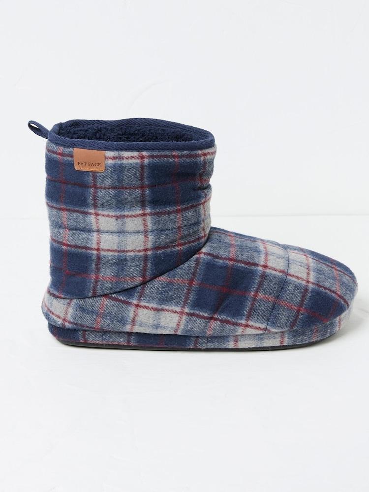Fat Face Sussex Navy Blue Check Boot Slippers
