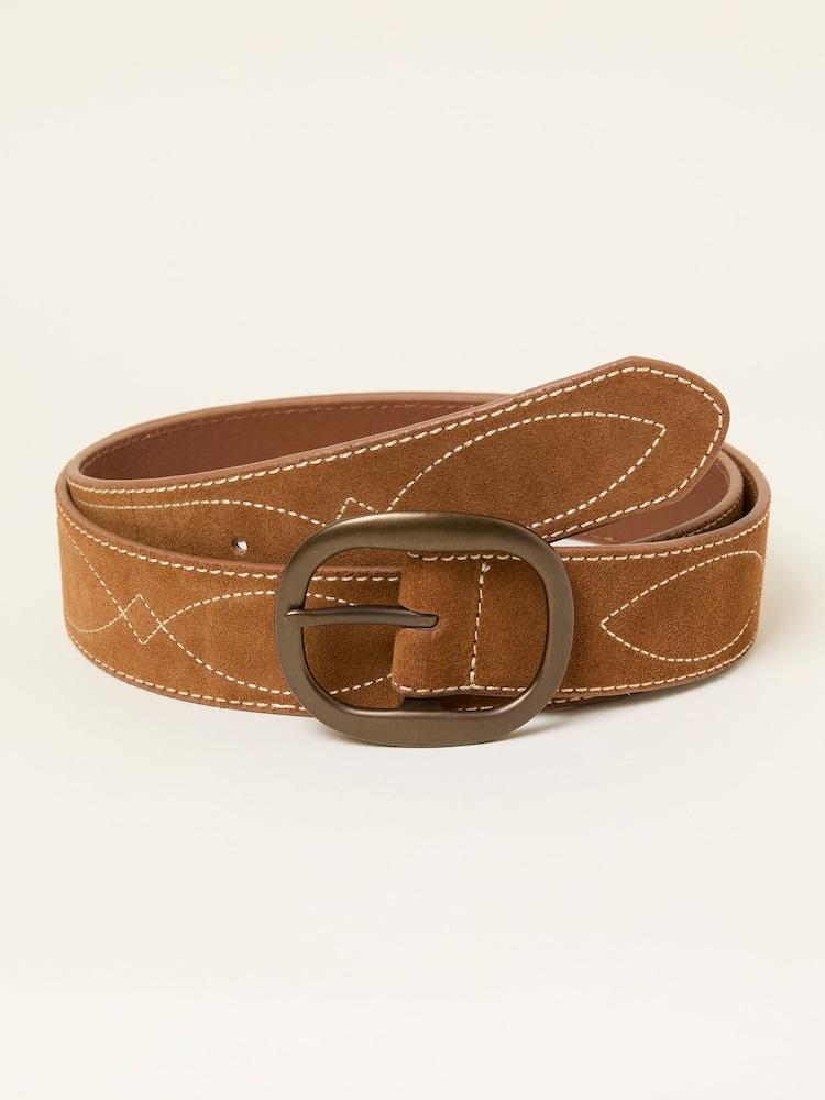 Fat Face Tan Brown Suede Embroidered Belt