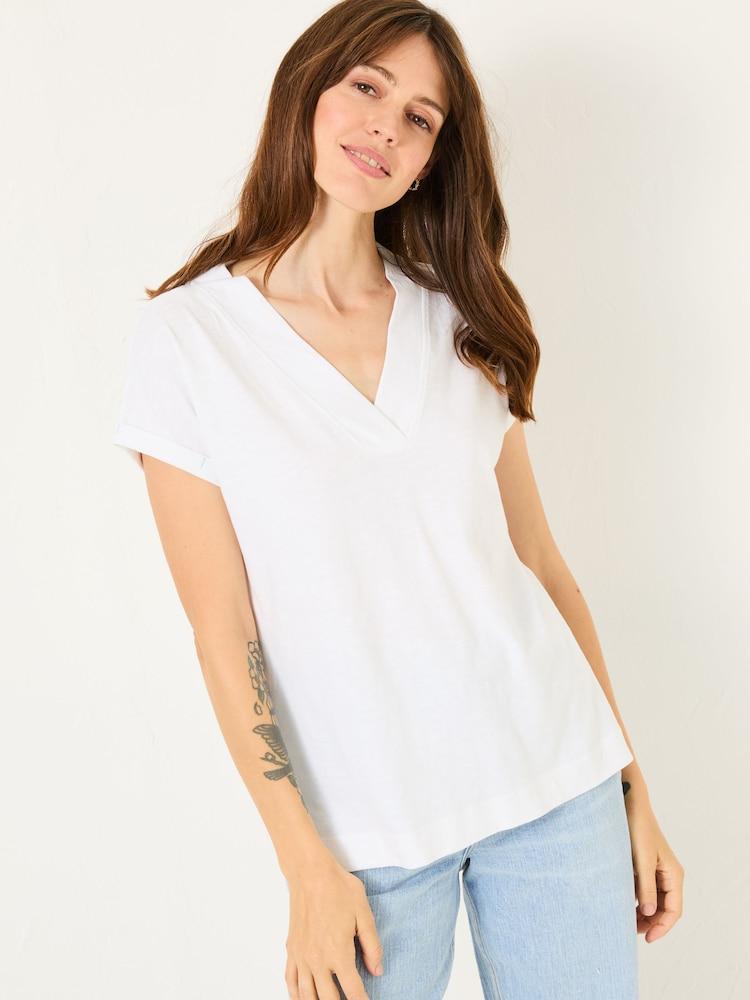 Fat Face Tansy White 100% Cotton V-Neck T-Shirt