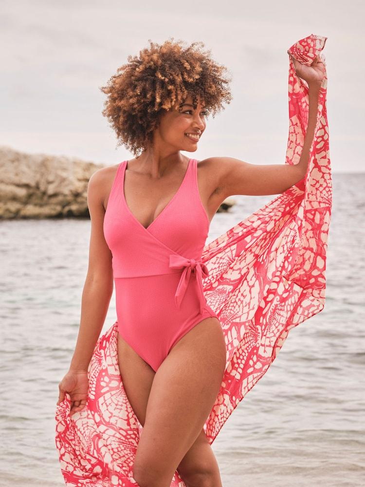 Fat Face Towan Pink Wrap Textured Swimsuit