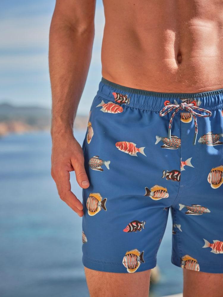 Fat Face Trevose Blue Fish Print Swim Shorts