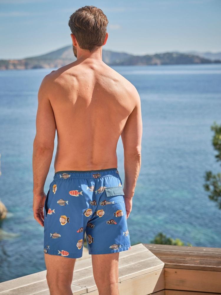 Fat Face Trevose Blue Fish Print Swim Shorts