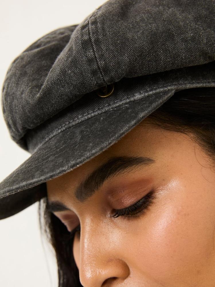 Fat Face Washed Black Baker Boy Hat