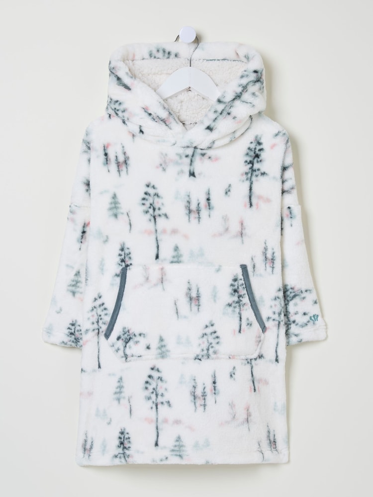 Fat Face White Oversized Printed Fleece Hoodie