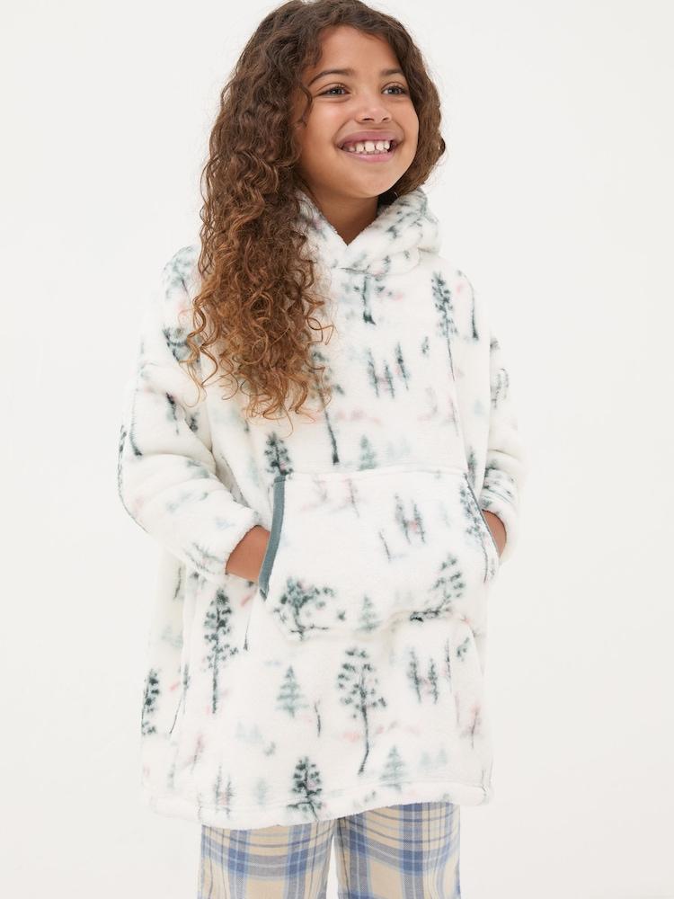 Fat Face White Oversized Printed Fleece Hoodie