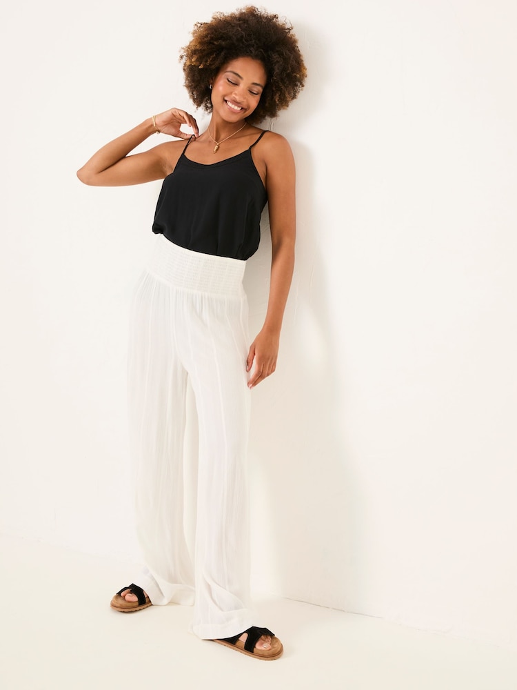 Fat Face White Shirred Palazzo Wide Leg Trousers