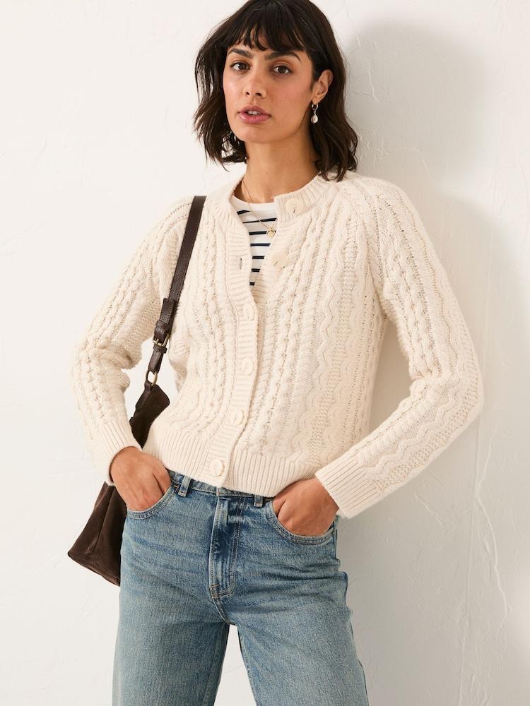 Fat Face Faye Chalk White Cable Crew Neck Knitted Cardigan