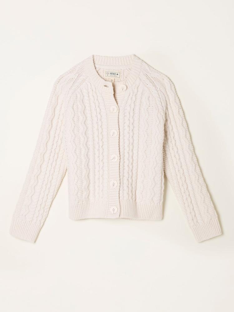 fat face Faye Chalk White Cable Crew Neck Knitted Cardigan