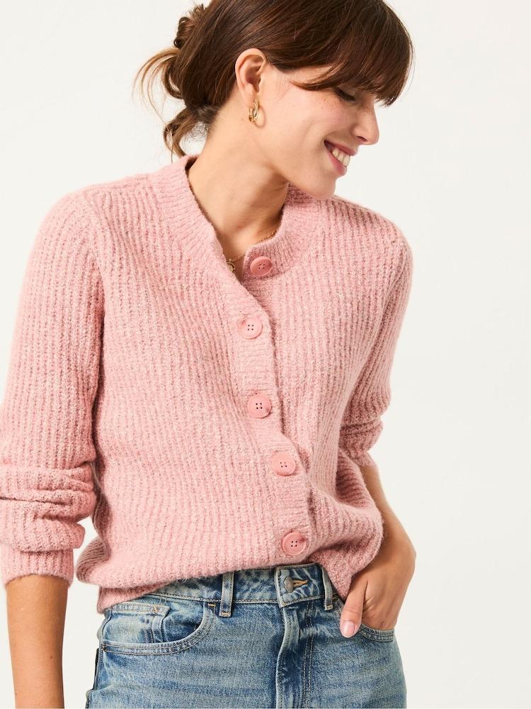 Fat Face Faye Rose Pink Ribbed Crew Neck Knitted Cardigan
