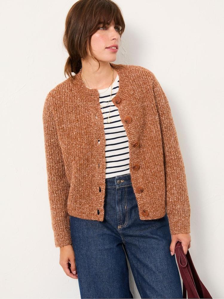 Fat Face Faye Tan Brown Ribbed Crew Neck Knitted Cardigan