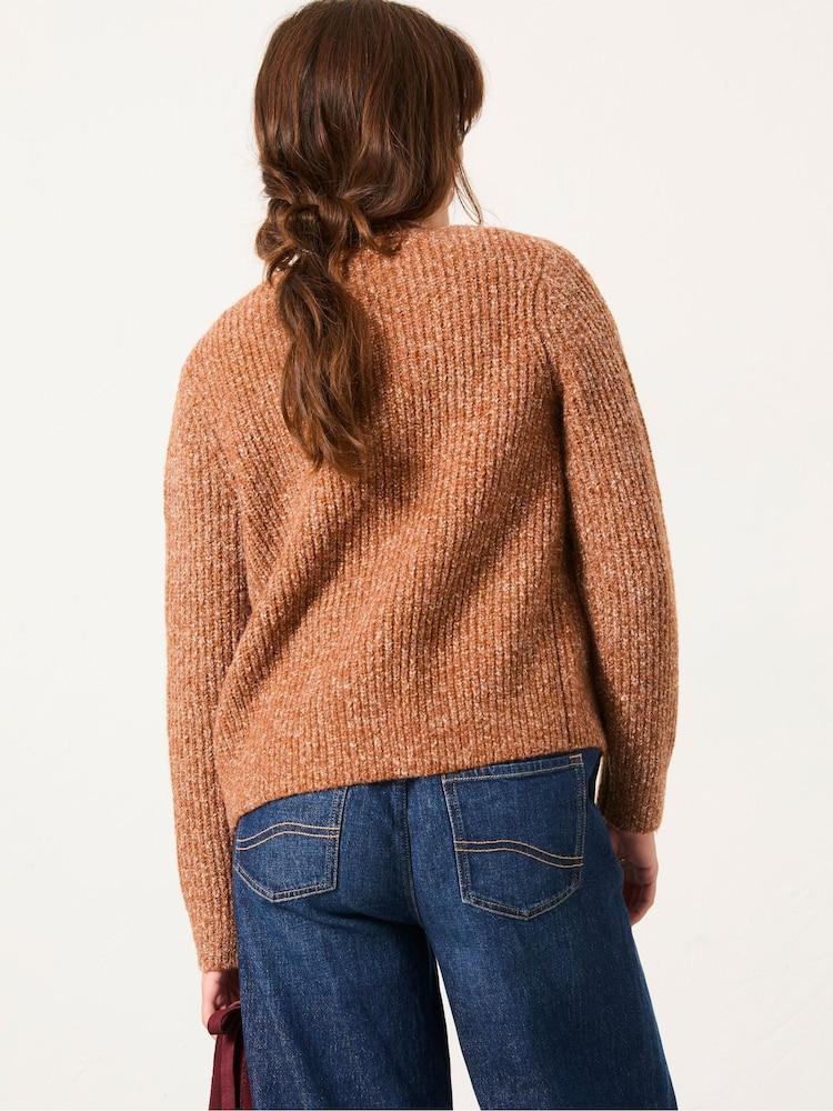 Fat Face Faye Tan Brown Ribbed Crew Neck Knitted Cardigan