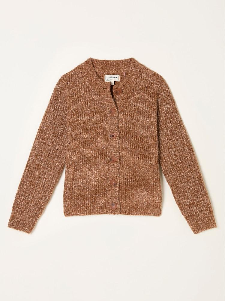 fat face Faye Tan Brown Ribbed Crew Neck Knitted Cardigan