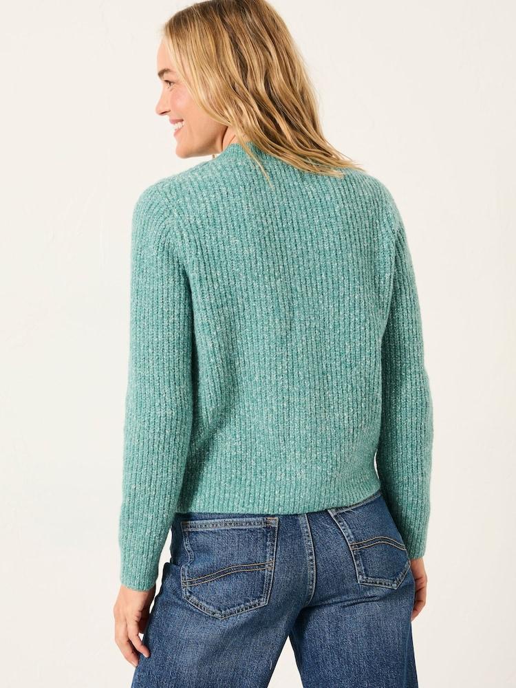 Fat Face Faye Teal Blue Ribbed Crew Neck Knitted Cardigan