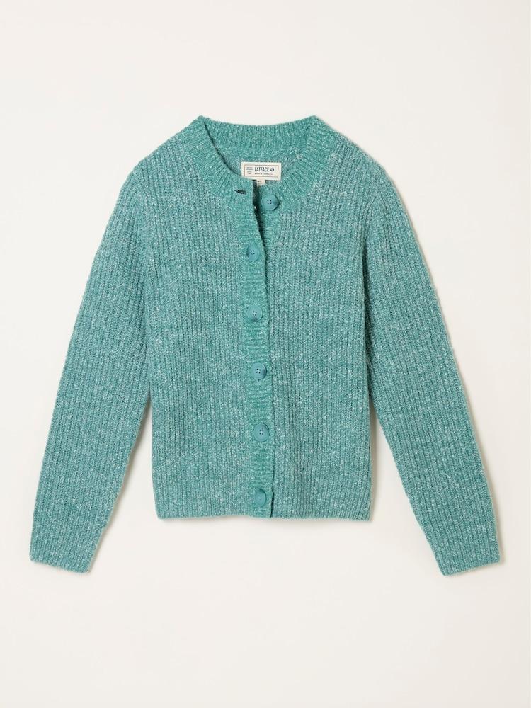 fat face Faye Teal Blue Ribbed Crew Neck Knitted Cardigan