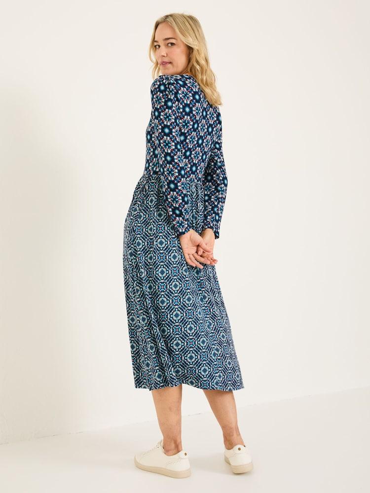 Fat Face Fia Indigo Blue Batik Geo Jersey Midi Dress