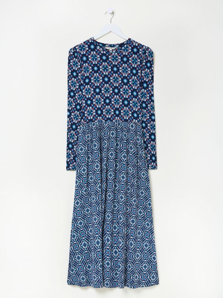 fat face Fia Indigo Blue Batik Geo Jersey Midi Dress