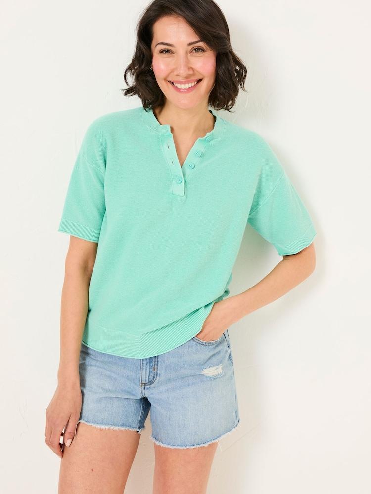 Fat Face Fleur Light Teal Laundered Knitted Henley Top