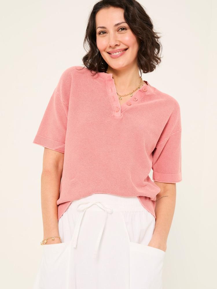Fat Face Fleur Rose Pink Laundered Knitted Henley Top