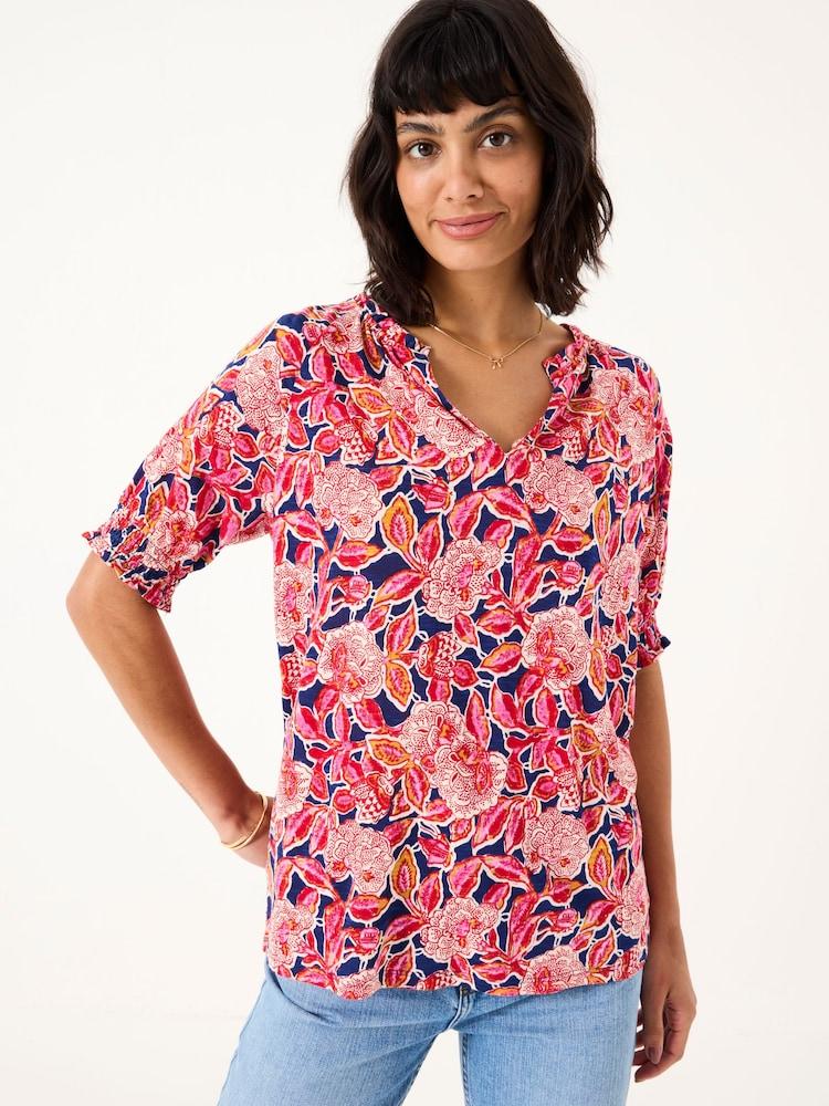 Fat Face Florence Indigo Blue Batik Floral Short Sleeve Top