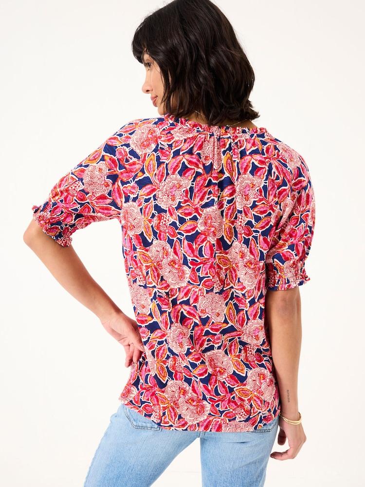 Fat Face Florence Indigo Blue Batik Floral Short Sleeve Top