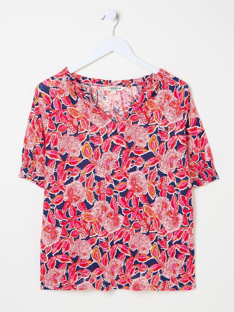 fat face Florence Indigo Blue Batik Floral Short Sleeve Top