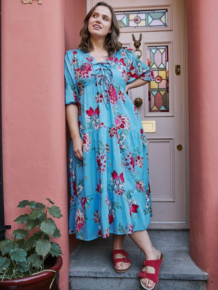 Fat Face Frankie Bright Blue Balinese Floral 100% Cotton Maxi Dress