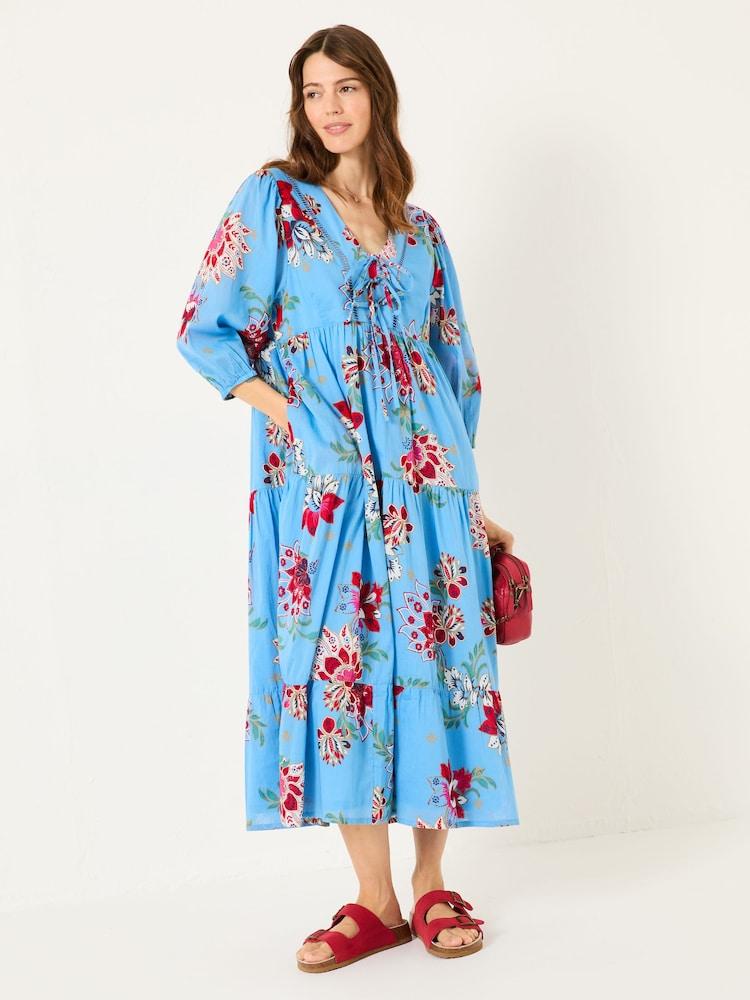 Fat Face Frankie Bright Blue Balinese Floral 100% Cotton Maxi Dress