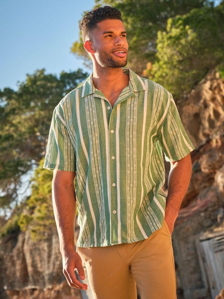 Fat Face Green Short Sleeve Relaxed Fit Embroidered Stripe Shirt