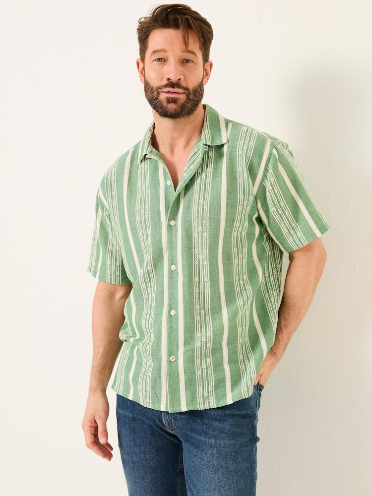 Fat Face Green Short Sleeve Relaxed Fit Embroidered Stripe Shirt