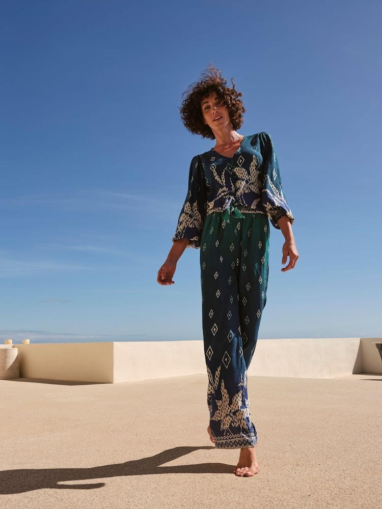 Fat Face Harper Blue Ombre Leaves Wide Leg Trousers