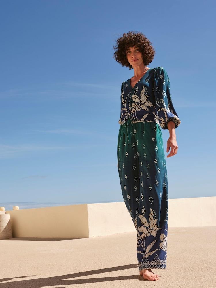Fat Face Harper Blue Ombre Leaves Wide Leg Trousers