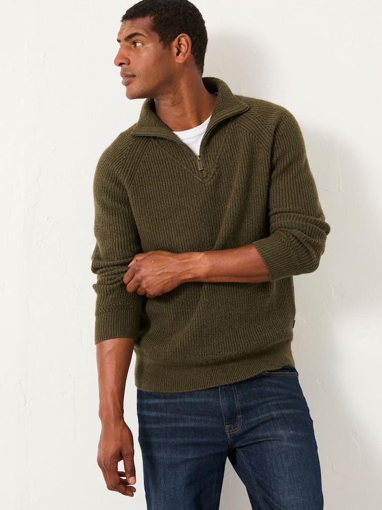 Fat Face Harwick Khaki Green Half Neck Knitted Jumper