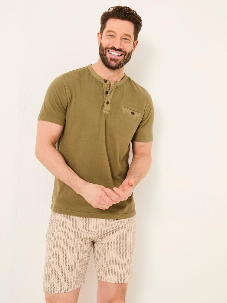 Fat Face Henley Khaki Green Garment Dyed Pocket Henley