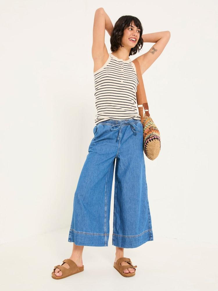 Fat Face Holly Indigo Blue Wide Leg 100% Cotton Culottes