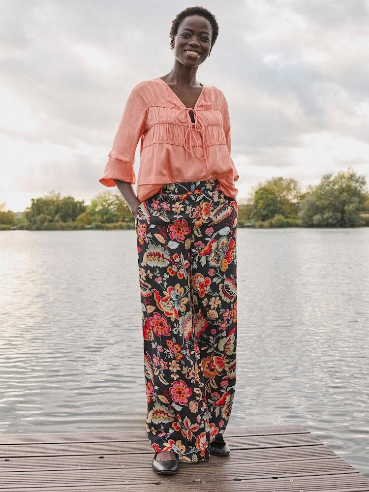 Fat Face Isla Black Historical Floral Wide Leg Trousers