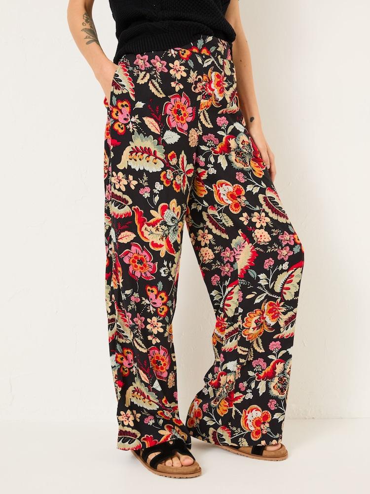 Fat Face Isla Black Historical Floral Wide Leg Trousers