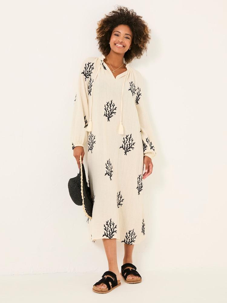 Fat Face Ivory Beachwear Coral Embroidered Kaftan Dress