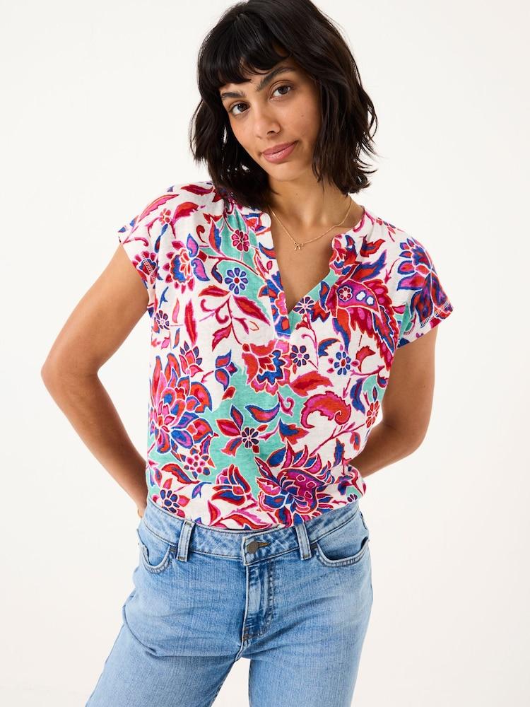 Fat Face Ivory Festival Floral Linen Notch Neck Top