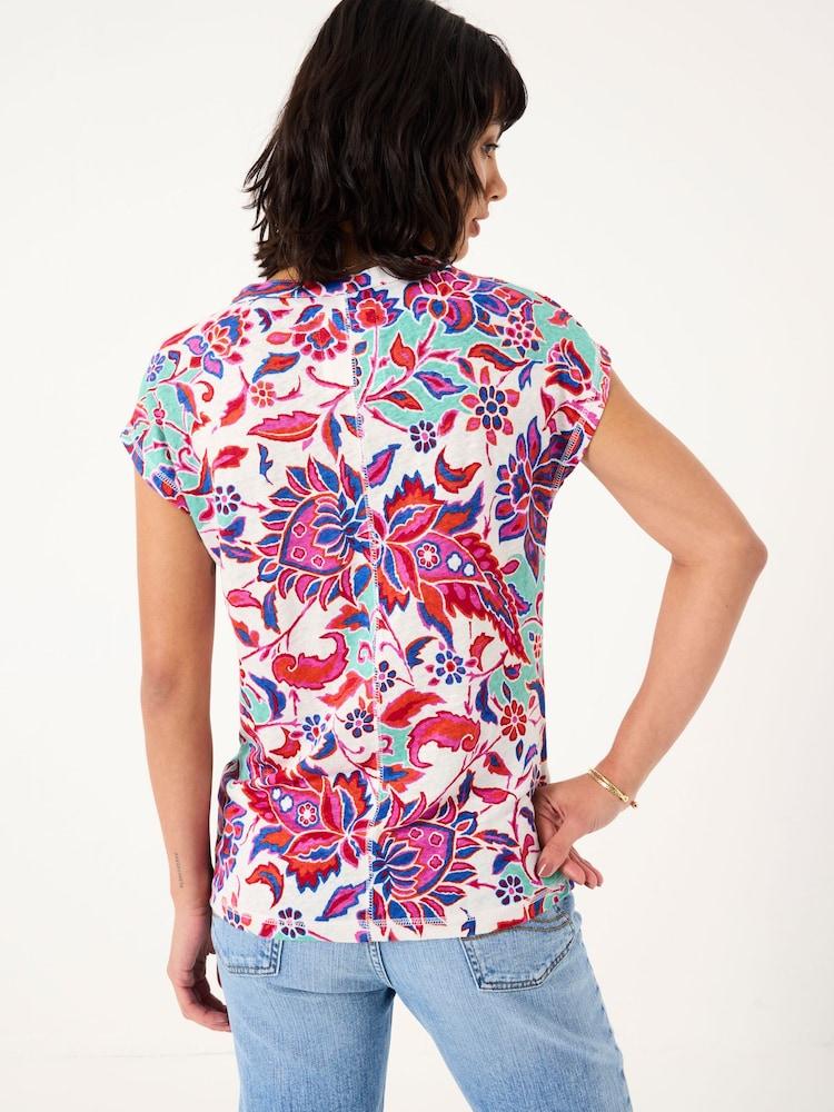 Fat Face Ivory Festival Floral Linen Notch Neck Top